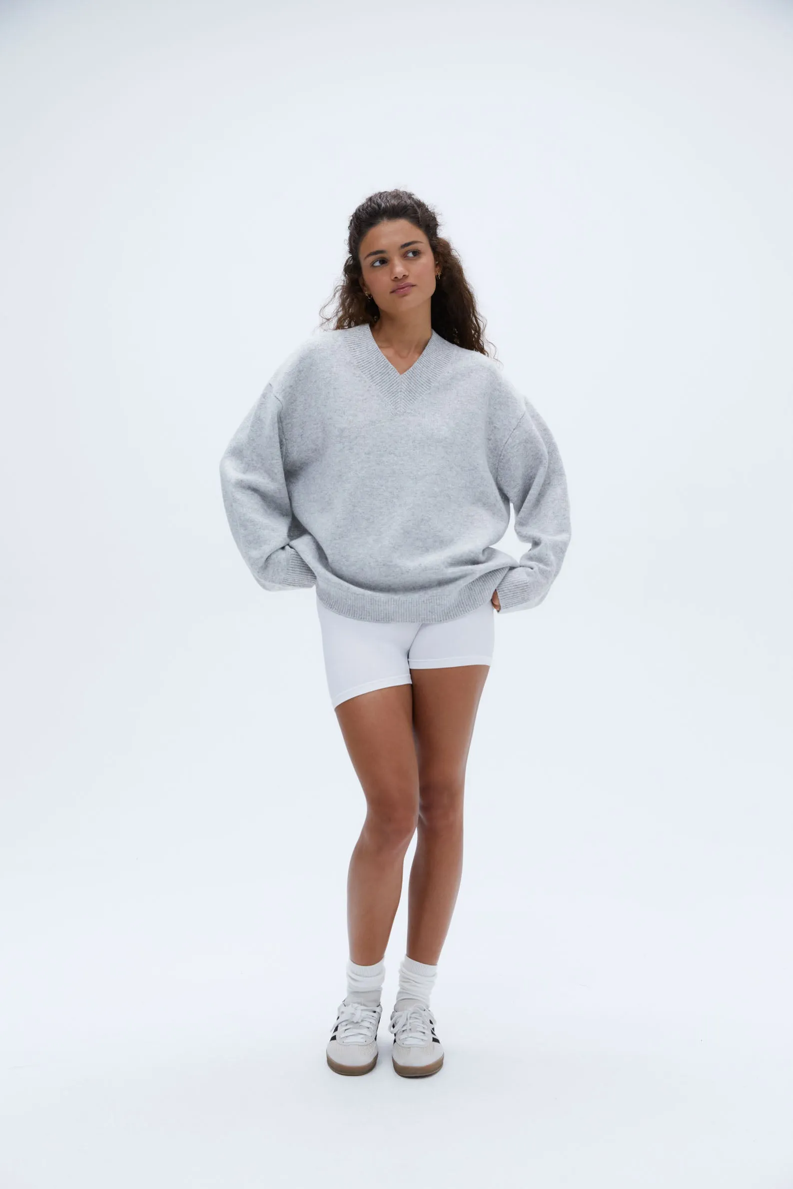 V Neck Oversized Knit Sweatshirt - Light Grey Melange