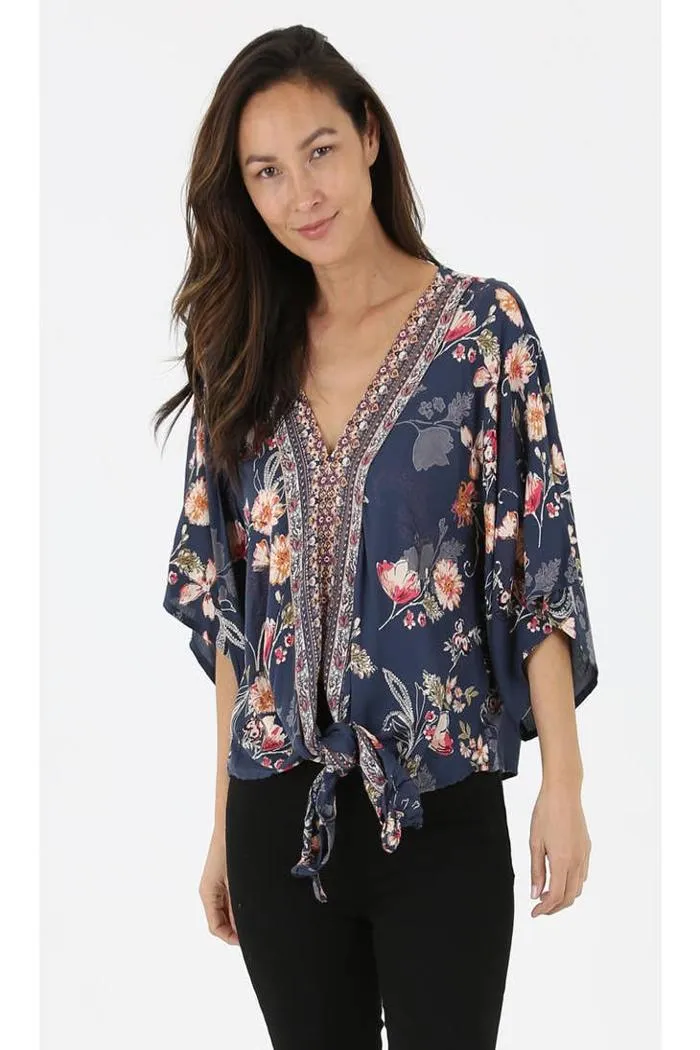 V Neck Tie Waist Kimono Sleeve Blouse