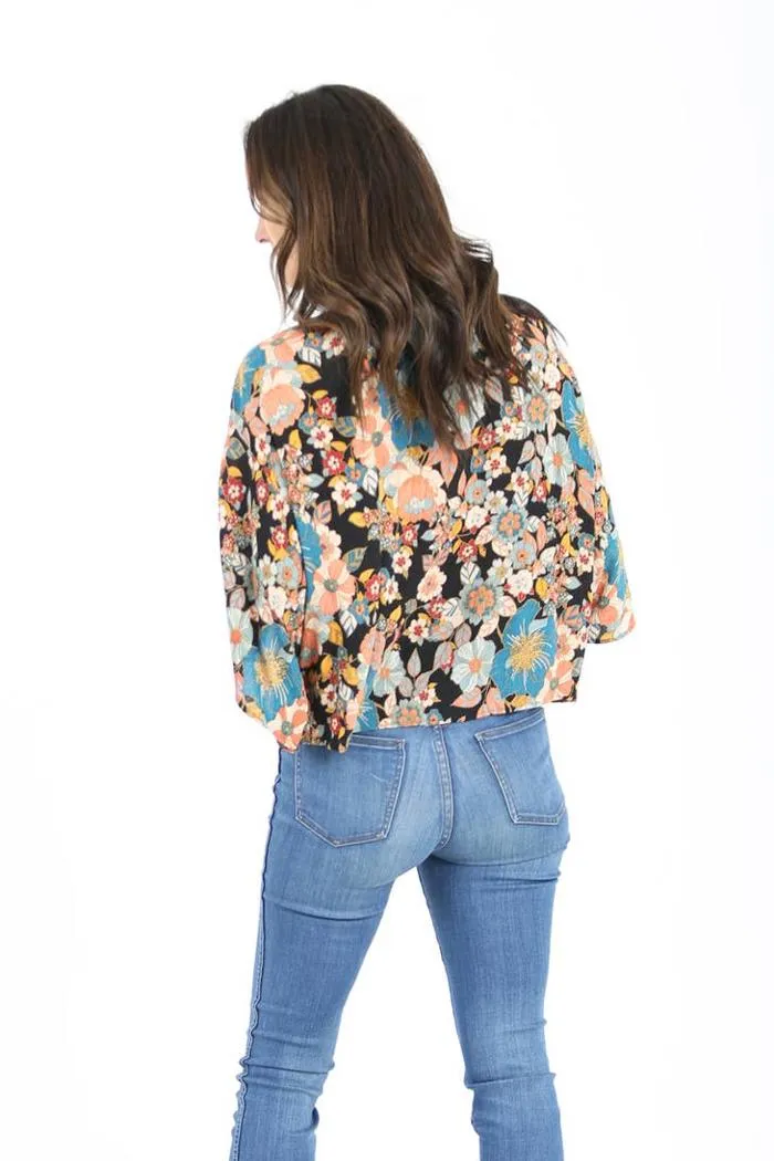 V Neck Tie Waist Kimono Sleeve Blouse