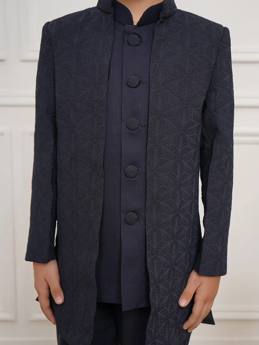 VASTRAMAY Boys' Navy Blue Open Indowestern set