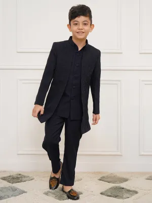 VASTRAMAY Boys' Navy Blue Open Indowestern set