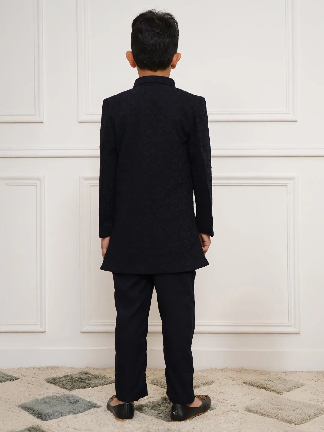 VASTRAMAY Boys' Navy Blue Open Indowestern set