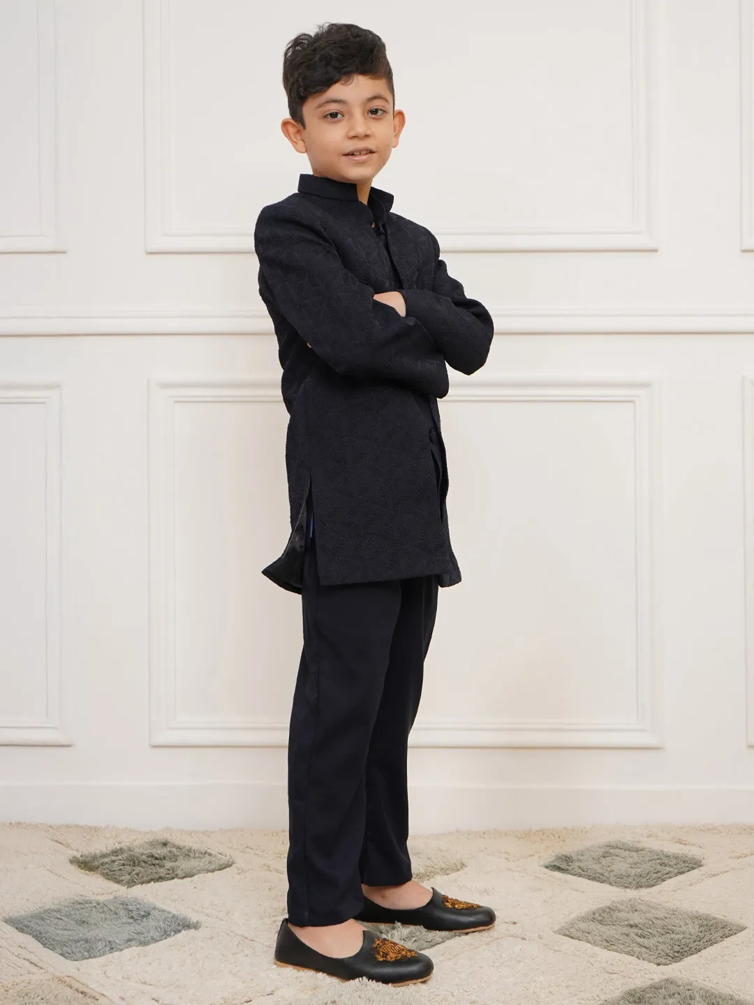 VASTRAMAY Boys' Navy Blue Open Indowestern set