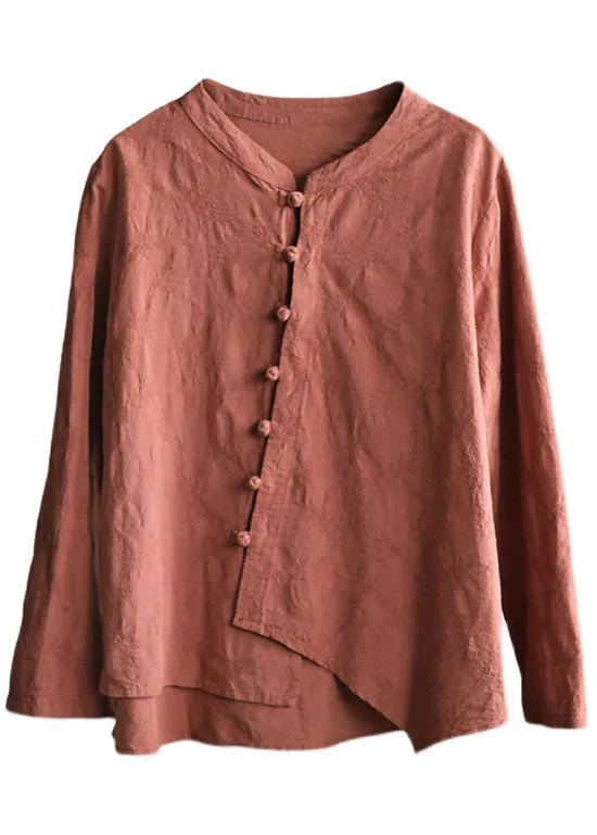 Vintage Brick Red asymmetrical design Patchwork Button Fall Blouses