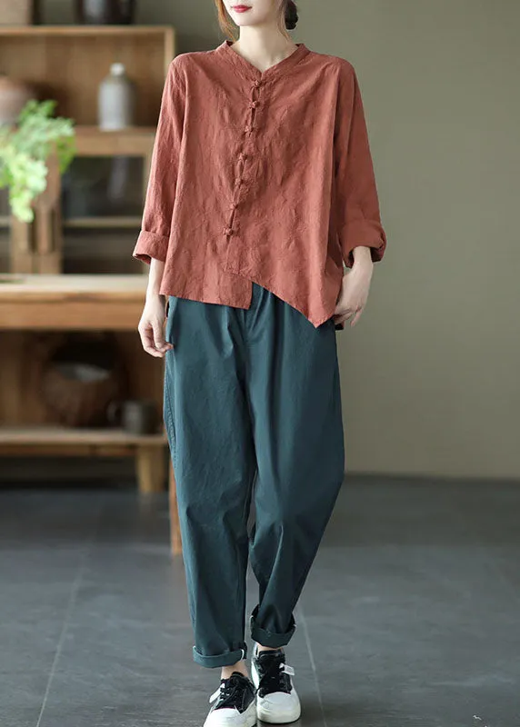 Vintage Brick Red asymmetrical design Patchwork Button Fall Blouses