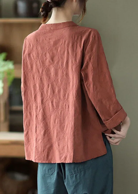 Vintage Brick Red asymmetrical design Patchwork Button Fall Blouses