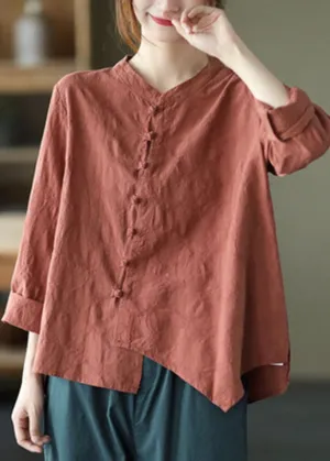 Vintage Brick Red asymmetrical design Patchwork Button Fall Blouses