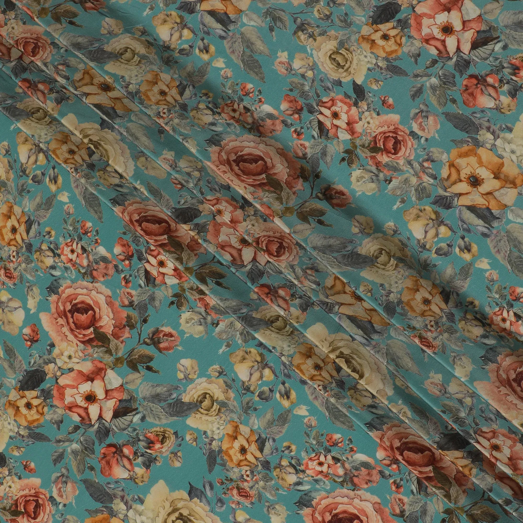 Vintage Floral Synthetic Crepe Fabric in Teal, 110 cm Wide-D19133