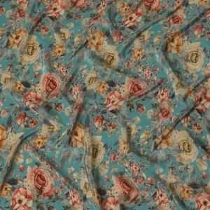 Vintage Floral Synthetic Crepe Fabric in Teal, 110 cm Wide-D19133