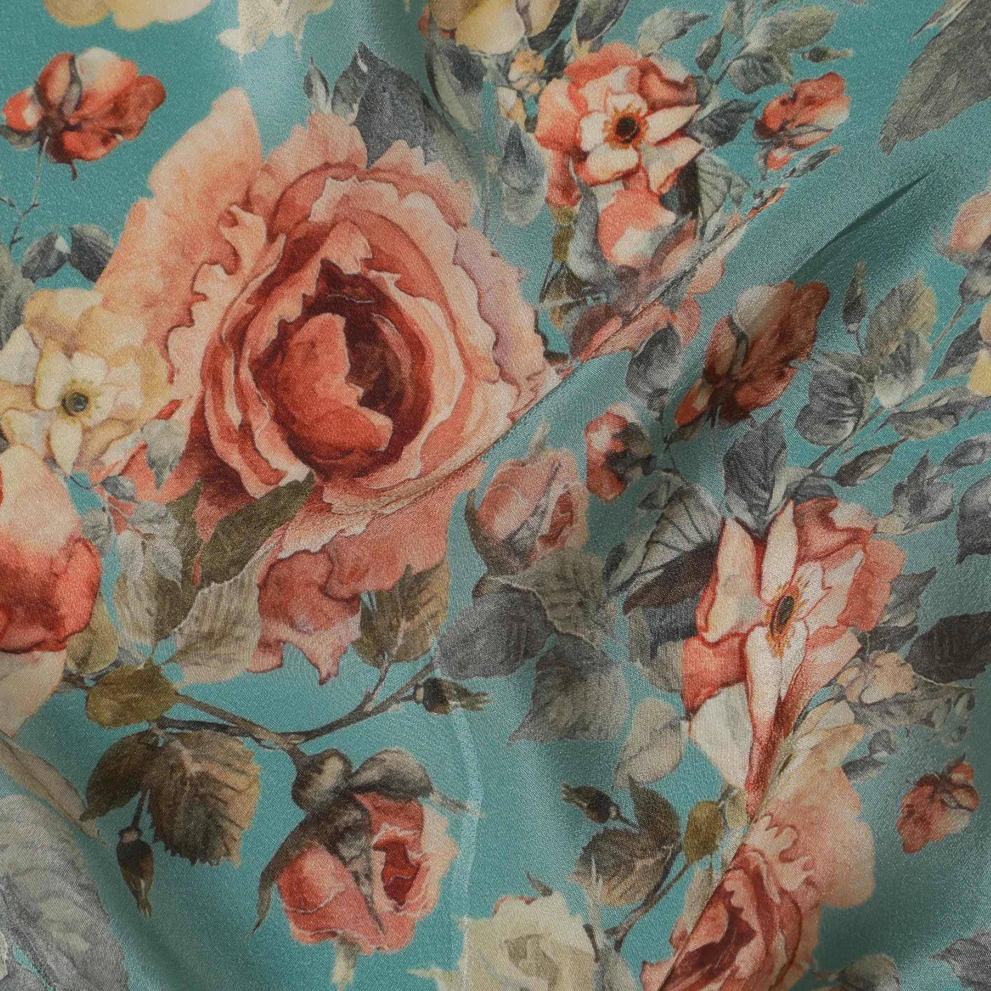 Vintage Floral Synthetic Crepe Fabric in Teal, 110 cm Wide-D19133