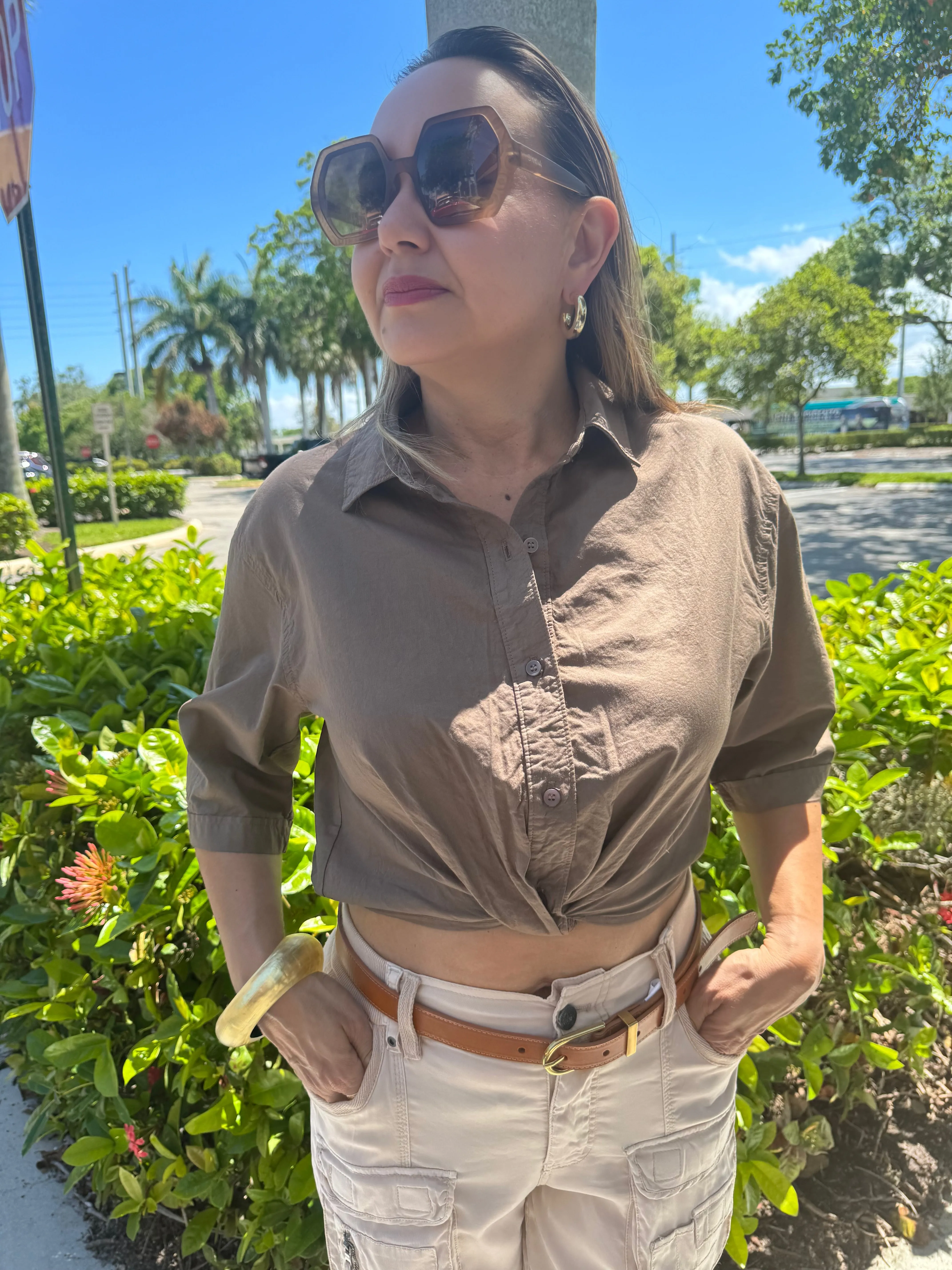 Voile Short Sleeve Cropped Twist Shirt - Twig