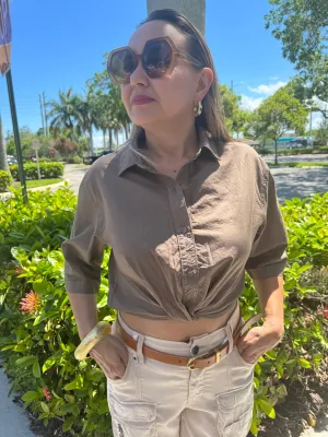 Voile Short Sleeve Cropped Twist Shirt - Twig