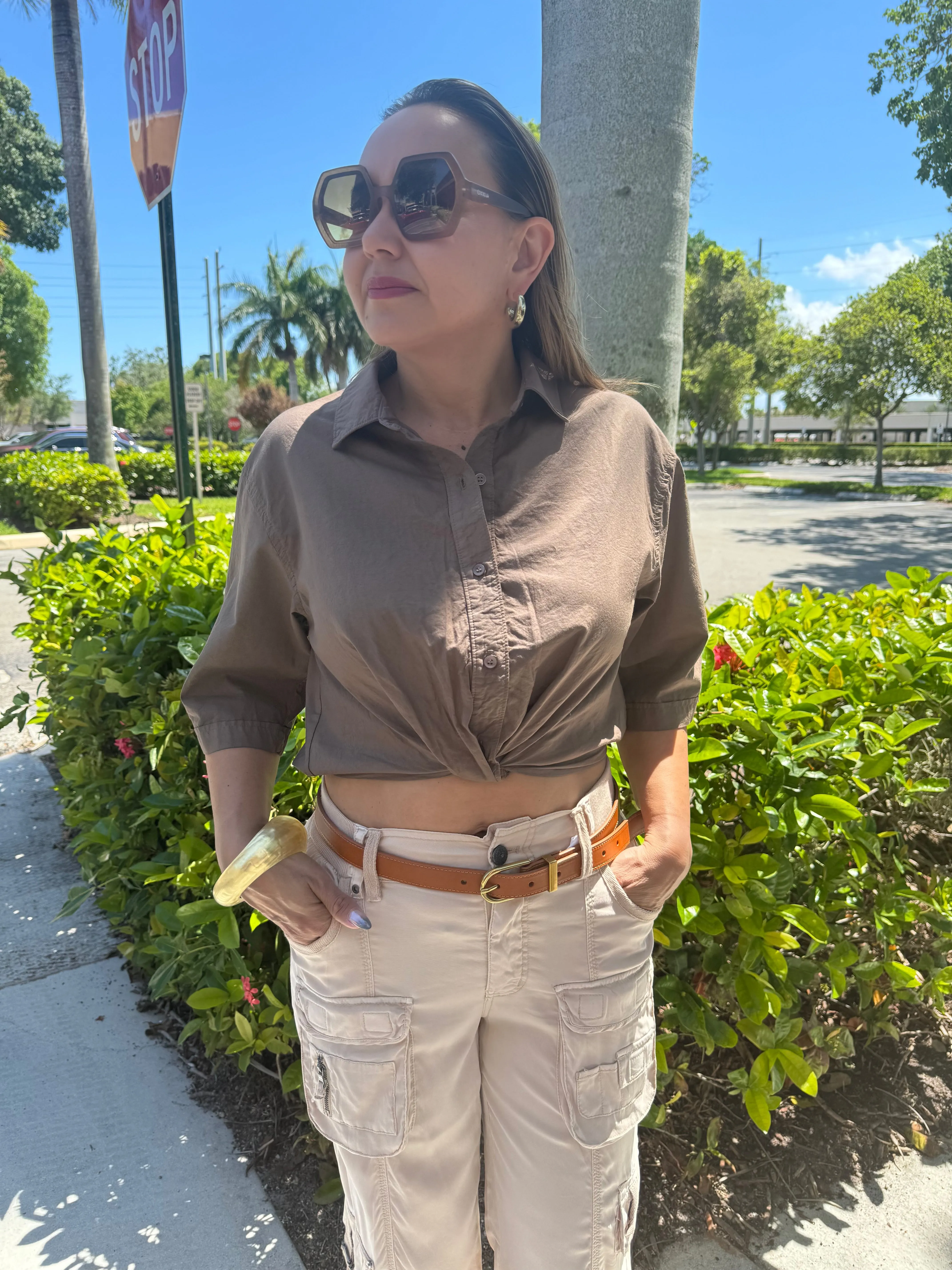 Voile Short Sleeve Cropped Twist Shirt - Twig