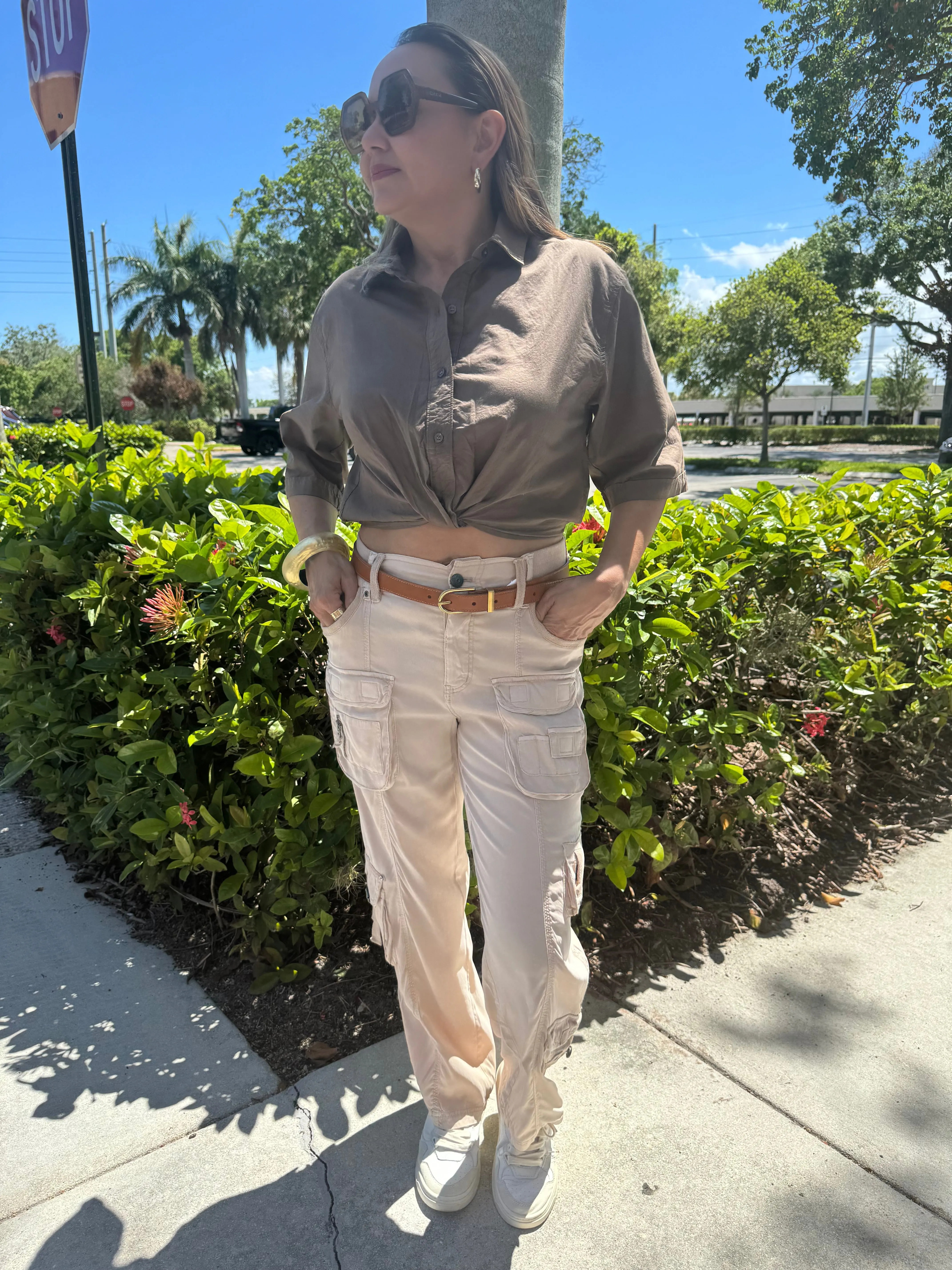 Voile Short Sleeve Cropped Twist Shirt - Twig
