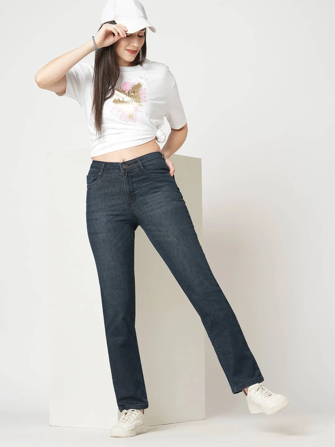 Women Blue High-Rise Slim Straight Fit Jeans