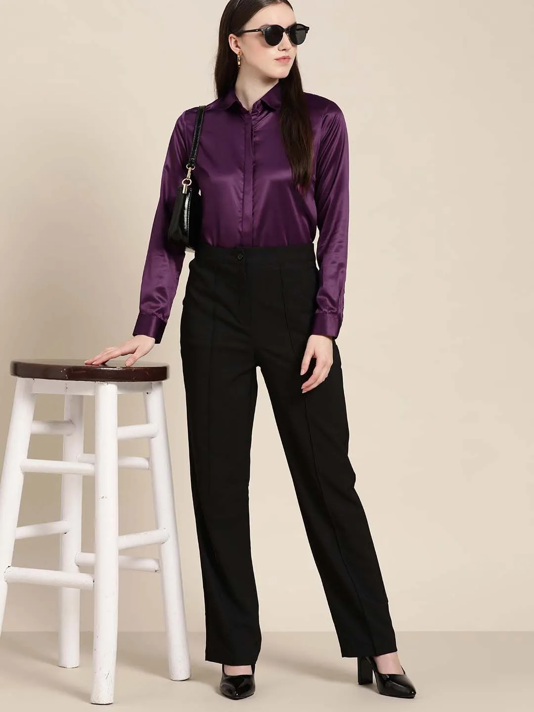 Women Burgundy Solid Satin Formal Shirt