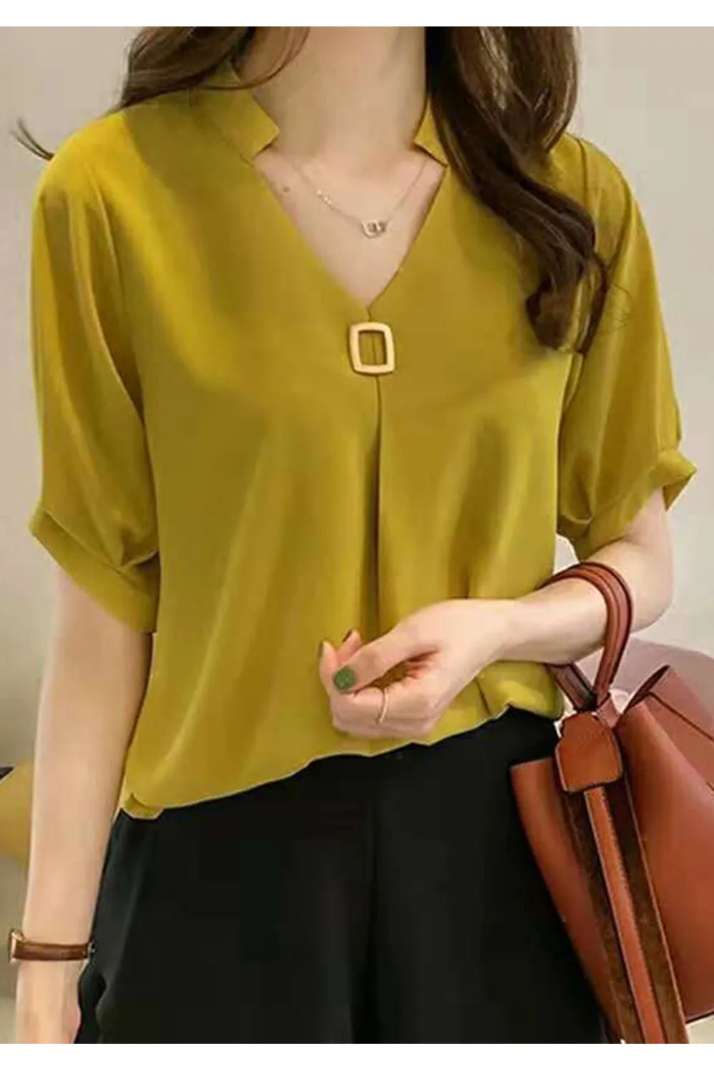 Women Magnificent Solid Colored Cool Short Sleeve V-Neck Amazing Shirt - WSB106503