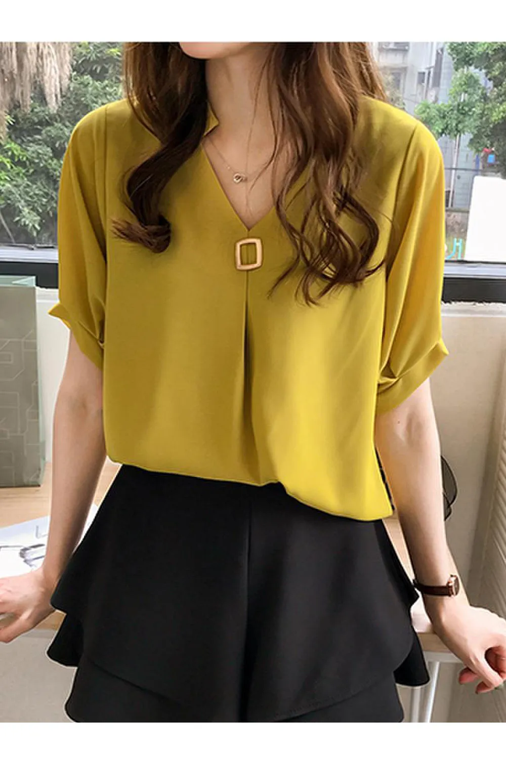 Women Magnificent Solid Colored Cool Short Sleeve V-Neck Amazing Shirt - WSB106503