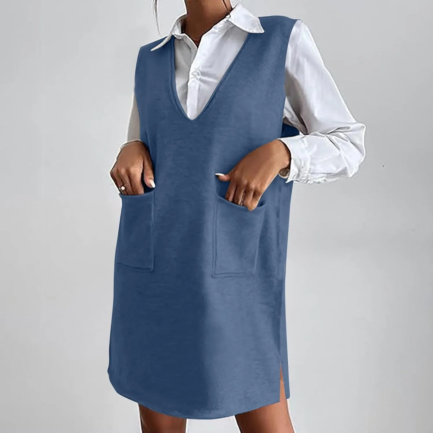 Women Woolen Dresses 2025 Summer V Neck Sleeveless Mini Sundress Casual Loose Fit Split Hem Short Dress with Pockets