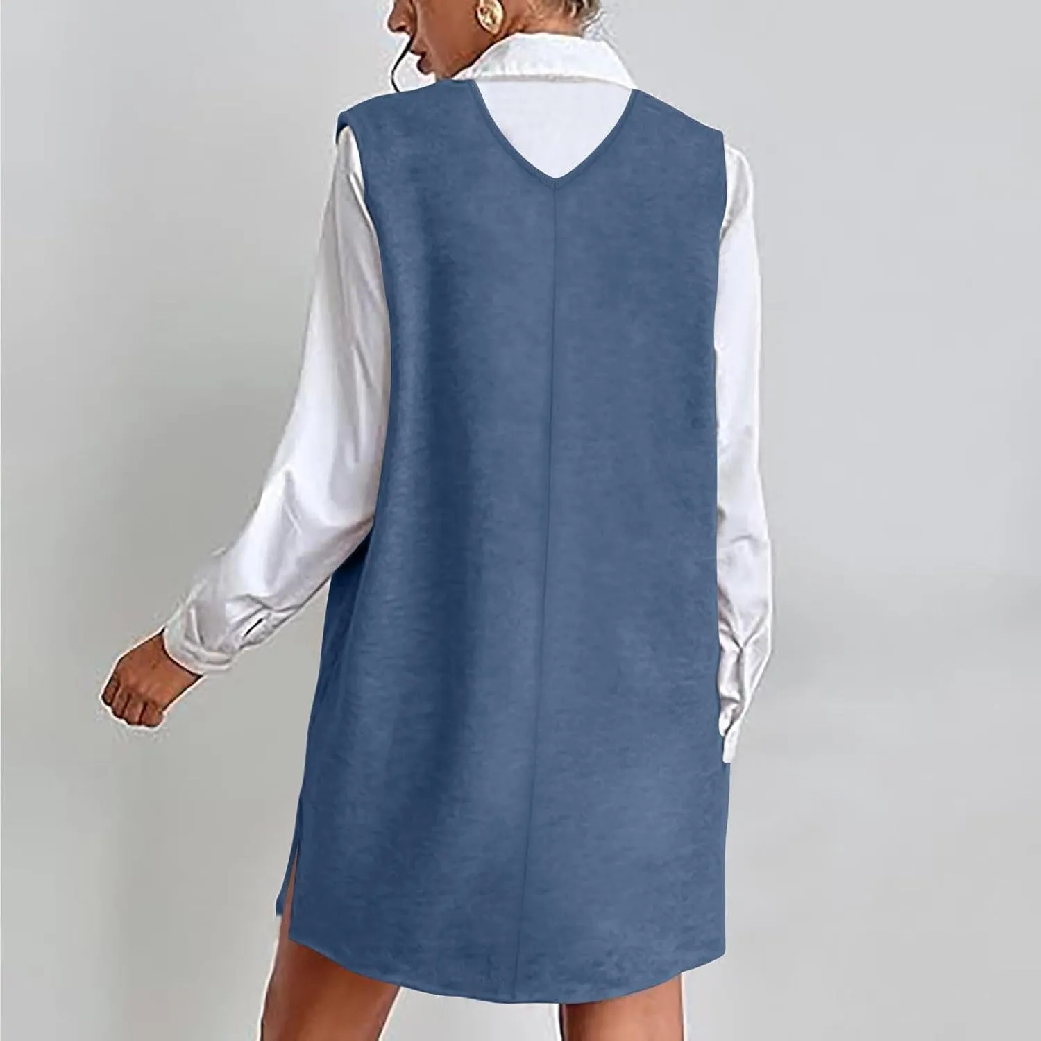 Women Woolen Dresses 2025 Summer V Neck Sleeveless Mini Sundress Casual Loose Fit Split Hem Short Dress with Pockets