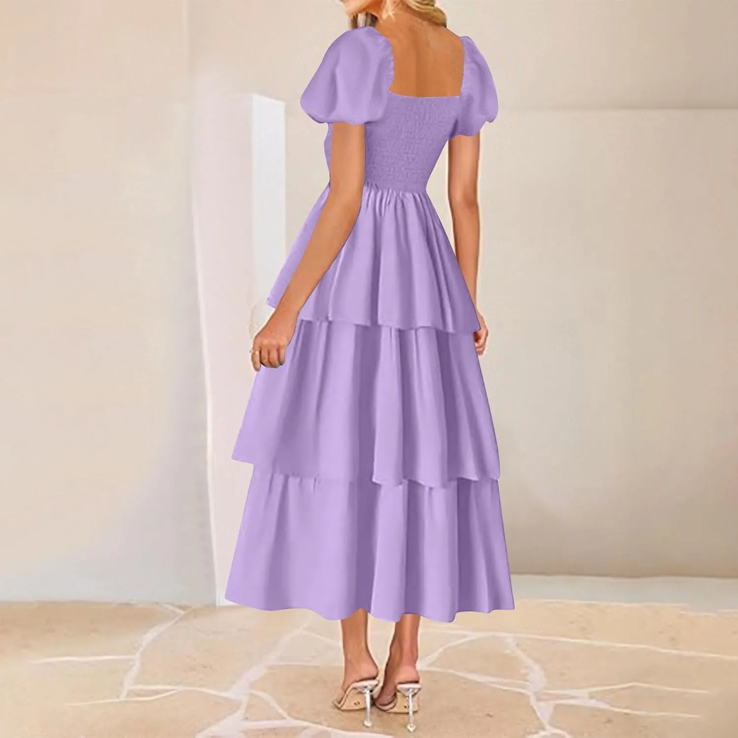 Women's Casual Summer Boho Midi Dress 2025 Short Puff Sleeve Tiered Flowy A Line Long Dresses Smocked Beach Sundress