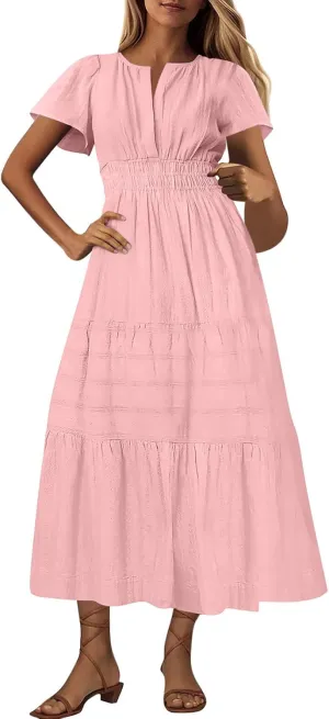 Womens Summer Dresses 2025 Short Sleeve Solid Color Maxi Dress Ruffle Casual Boho Sundress Beach Resort Wear